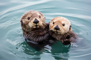 A pair of playful sea otters floating on their backs, holding hands as they drift along the calm ocean waves.