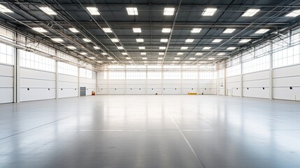 An inside view of a large and clean industrial warehouse, visible metal frame, parquet painted white on the ground, clean white walls, natural light coming from roof windows, additional industrial lig