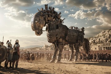 Unveiling deception: the legend of the trojan horse, a symbol of cunning strategy and ancient warfare, an iconic tale of infiltration, betrayal, and surprise in greek mythology and history - obrazy, fototapety, plakaty