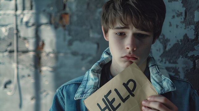 Young teen holding a sign for help, looking forlorn in a neglected setting.