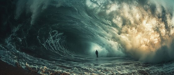 Powerful ocean huge waves And person, stormy seas, intensity of a tsunami, banner - obrazy, fototapety, plakaty