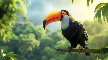 close up toucan standing on a branch and tropical nature in green meadow