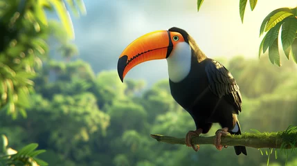 Fototapete Rund close up toucan standing on a branch and tropical nature in green meadow © Rangga Bimantara