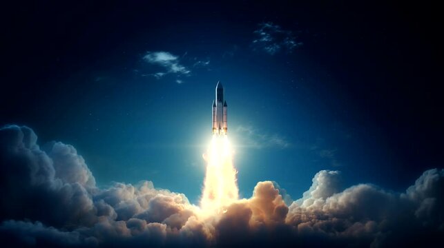 Rocket in space with shooting stars on dark light background. Seamless looping time-lapse 4k video animation background