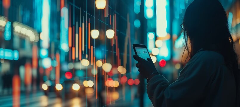 Businessman using smartphone app for stock market shares trading with holograms, investment concept