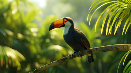 Fototapeta premium close up toucan standing on a branch and tropical nature in green meadow
