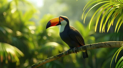 Tableaux ronds sur aluminium Toucan close up toucan standing on a branch and tropical nature in green meadow