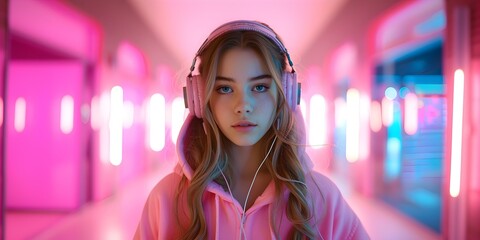 Fashionable teen girl in hoodie headphones dancing to DJ music in neonlit room. Concept Fashionable Teen Style, Hoodie Fashion Trend, Headphones Fashion Statement, Neonlit Room Vibes