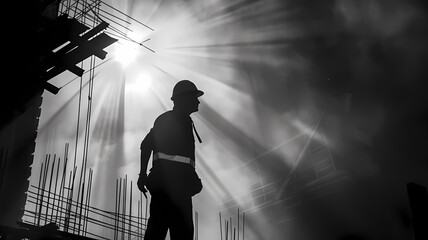 Construction Worker Amidst Foggy Site at Dawn - obrazy, fototapety, plakaty