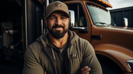 Smiling bearded truck driver standing in front of truck, wearing hat and crossing arms