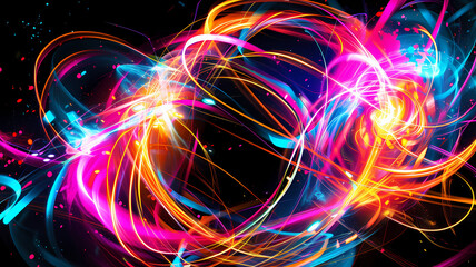 Vibrant Neon Light Trails in Spiral Pattern Against Dark Background