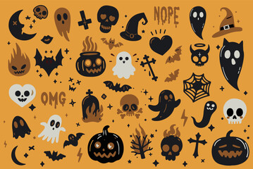 Set of spooky stickers with skulls, witch hat, crosses, pumpkins and ghosts. Creepy halloween illustrations for stickers and patches.