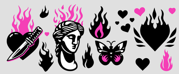 Trendy gothic style stickers with fire flames, hearts, butterfly and plaster head. Set of vector illustrations in Y2K tattoo style.