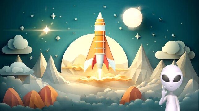 Rocket with alien in space. Seamless looping time-lapse 4k video animation background