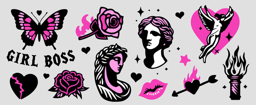 Trendy gothic style stickers with roses, hearts, butterfly and plaster heads. Set of vector illustrations in Y2K tattoo style in black and pink colors.