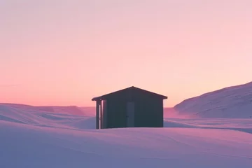 Schilderijen op glas Solitary cabin in a snow-covered landscape during a tranquil pink dusk. Concept of solitude and peace in the Arctic wilderness. © Breezze