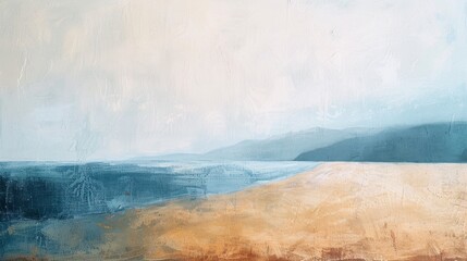 Abstract painting of a serene landscape with textured brushstrokes. Shades of blue and ochre depict calm sea and sandy beach.