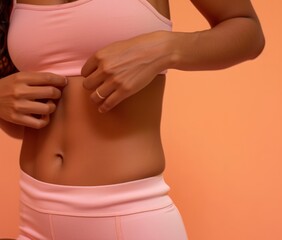 Detail of toned abdomen of a woman in sportswear. Concept of a healthy diet and core strength training.