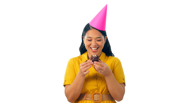 Woman, laugh and party hat with cupcake for happy birthday, anniversary or engagement shower. Female person, pastry and big smile for joyful celebration on isolated transparent png background