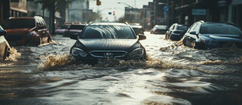 A car is stuck in the flood