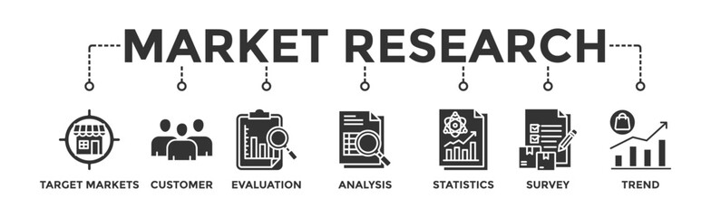 Market research banner web icon vector illustration concept with icon of target markets, customer, evaluation, analysis, statistics, survey and trend