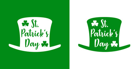 Día de San Patricio. Logo con texto manuscrito St. Patrick's Day en silueta de sombrero de leprechaun con treboles para felicitaciones y tarjetas - obrazy, fototapety, plakaty