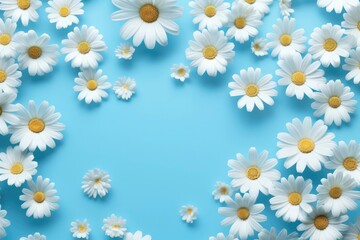 Repetition concept. Top view. Pattern made of chamomile flowers on blue background. Spring, summer concept. Flat lay, top view, copy space