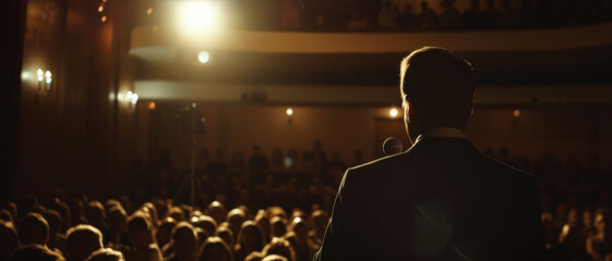 A speaker stands before an attentive audience, silhouetted against the warm glow of stage lights, embodying confidence and poise.