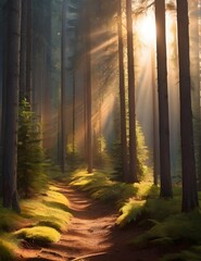Rays of sunlight in the spruce forest. Sun shining through trees in mountain forest. Beauty of nature. Generative AI