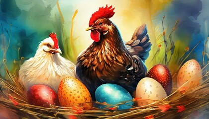 Easter illustration with Easter eggs, hens and chicks