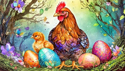 Wielkanocna ilustracja z pisankami, kurami i kurczątkami - obrazy, fototapety, plakaty