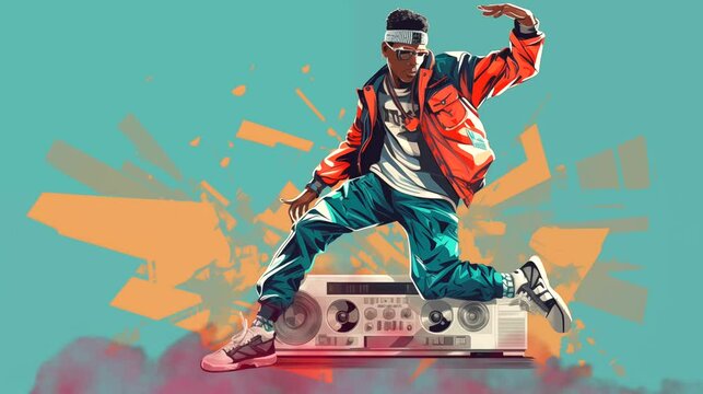 Street dancer with tape recorder and sound wave animation. 