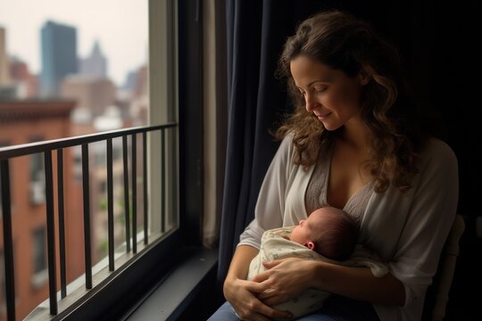 Beautiful mother with her newborn baby in front of the window, in the morning air