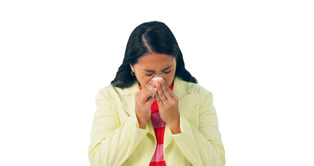 Allergy, sneeze and sick woman with healthcare for virus in transparent, isolated or png...
