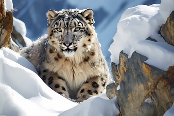 A rare sighting of a snow leopard high in the mountains, its spotted fur blending harmoniously with the rocky terrain.