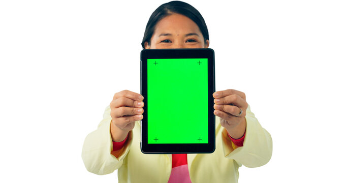Green screen, tablet and woman for social media, portrait and isolated on transparent png background. Digital, presentation and female person with mockup space, information and offer or announcement - Powered by Adobe