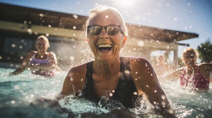 Active senior women enjoying aqua gym in pool, retired healthy lifestyle with aqua fit sport