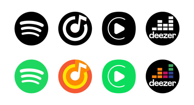 Music service logos. Spotify, Yandex, CarPlay, Deezer logos. The most popular music services. Editorial vector
