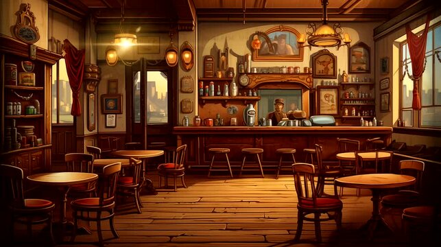 Interior of old restaurant. Seamless looping time-lapse 4k video animation background
