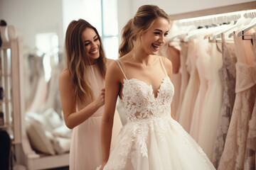 Two girls trying on wedding dresses in wedding salon. LGBT couple. Gorgeous young woman trying on a wedding dress in the dressing room with the help of her girlfriend