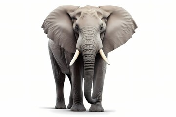 A regal African elephant, its powerful tusks on display, standing tall against a pristine white background.