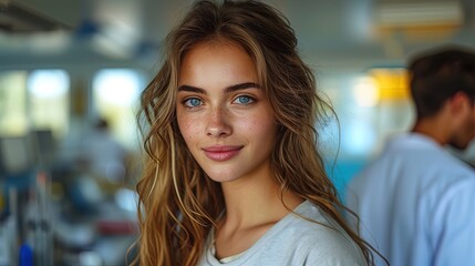 Beautiful young female in a hospital or laboratory undergoing medical tests or fertility treatment, blurred test tubes in the background, In vitro fertilization or checkup
