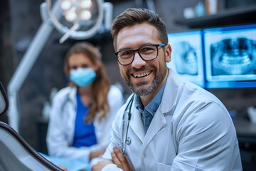 Freude am Beruf: Ein Zahnarzt in seiner Praxis - obrazy, fototapety, plakaty
