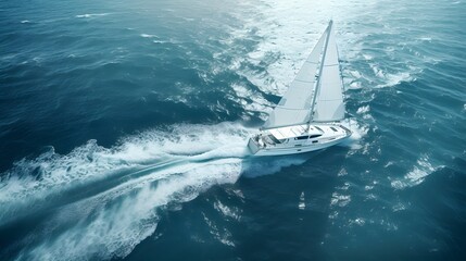 A luxury yacht cuts through the deep blue sea, leaving a frothy white wake behind, in an aerial...