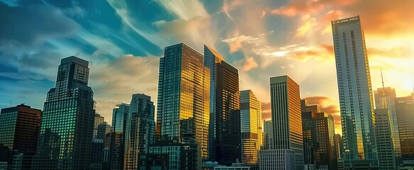 Stunning cityscape unfolds under hues of setting sun towering skyscrapers and modern buildings define skyline heart of city beats in business district