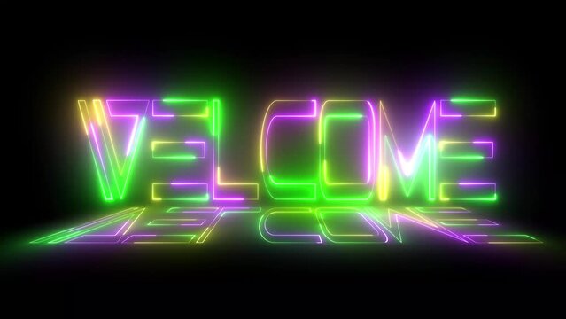 4K Welcome neon sign board retro style animation in black background. Welcome title greeting motion graphic invitation advertisement glowing trendy massage video. Welcome background animation.