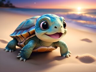 Sweet Baby Turtle in Sandy Night, Beautiful baby turtle in the beach, cute baby animals for kid's room decoration, Kid's wall art, Cute beautiful baby animals 