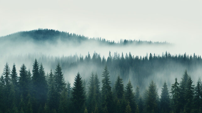 Landscape: Coniferous forest in autumn fog view.