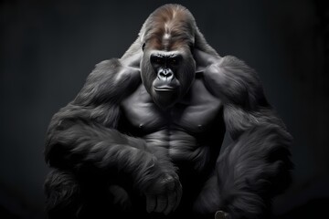 A regal silverback gorilla, its powerful stature highlighted against a deep gray background.