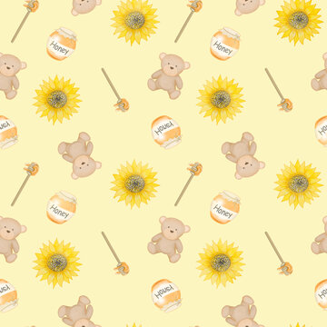 Seamless pattern with teddy bear and honey.